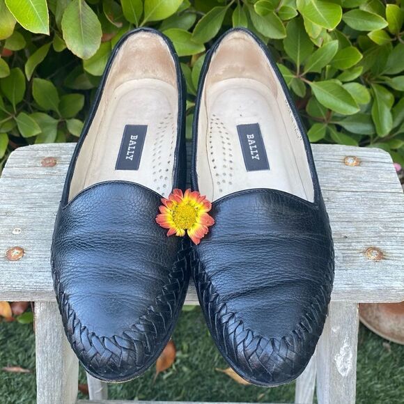 🥿Bally Charlotte Black Woven Toe Leather Loafers Made in Italy Size 8M - Picture 1 of 11